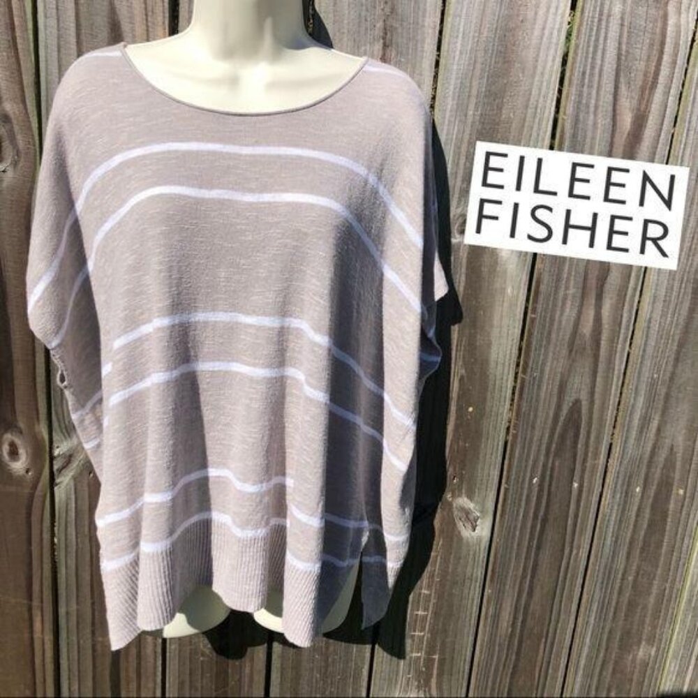 Eileen Fisher Linen Oversized Top XS Blouse Striped Tan White Short Sleeve Shirt